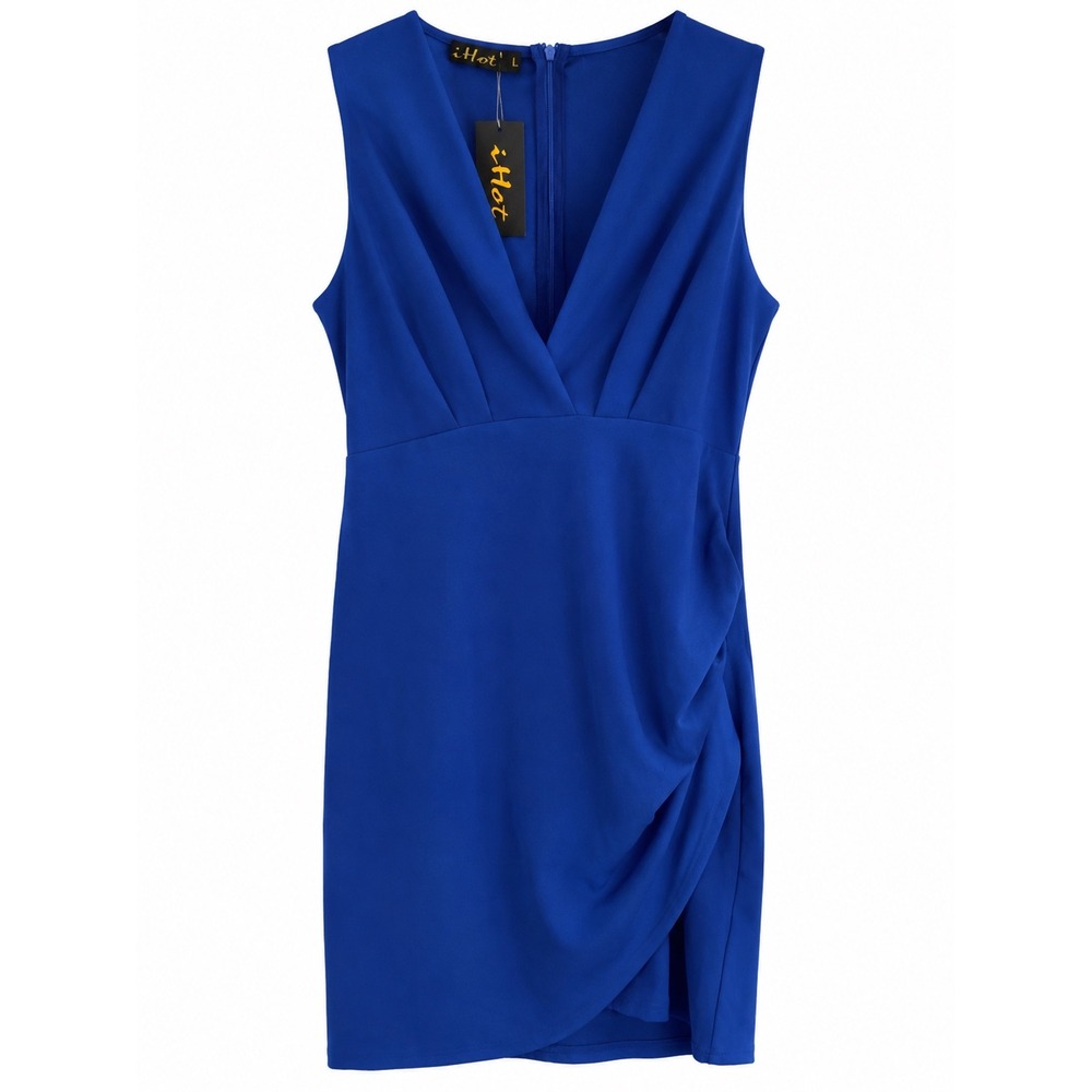 NWT iHot Royal Blue Wrap-Front Sheath Dress Size L Ruched V-Neck  Cocktail